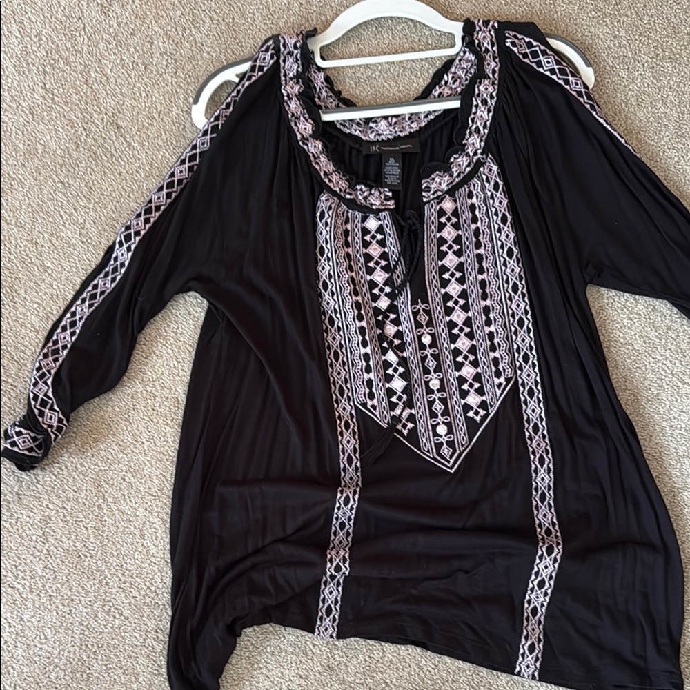 INC International Concepts Black Graphic Bib Collar Blouse
